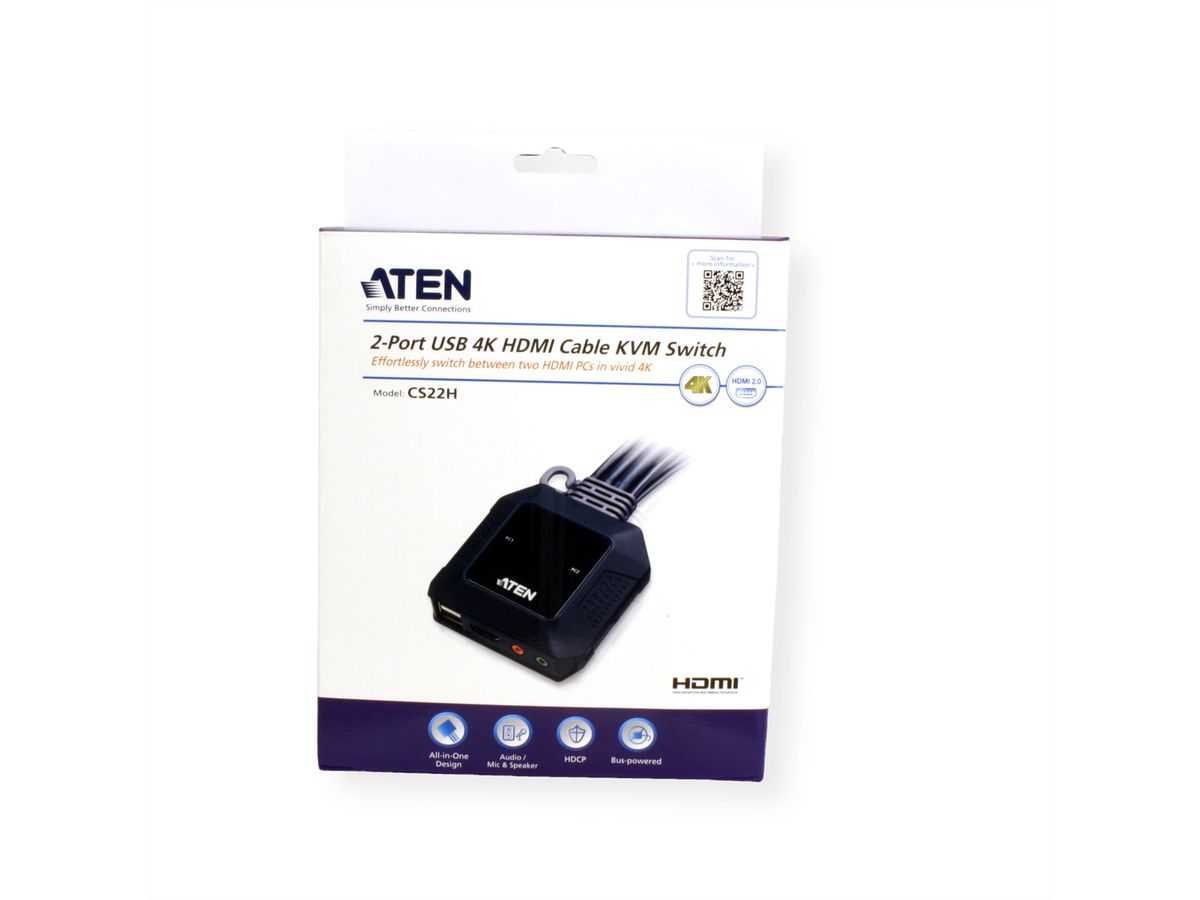 ATEN CS22H Commutateur KVM câble HDMI 4K USB 2 ports avec sélecteur de port distant