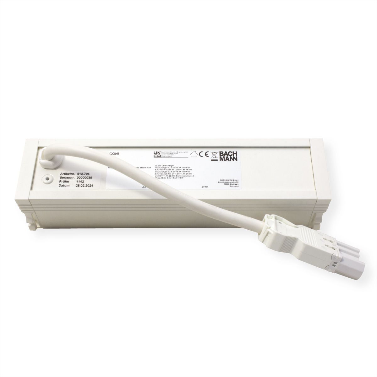 BACHMANN CONI 2xUTE 1xUSB A/C 22W 0,2m GST18 RAL9010