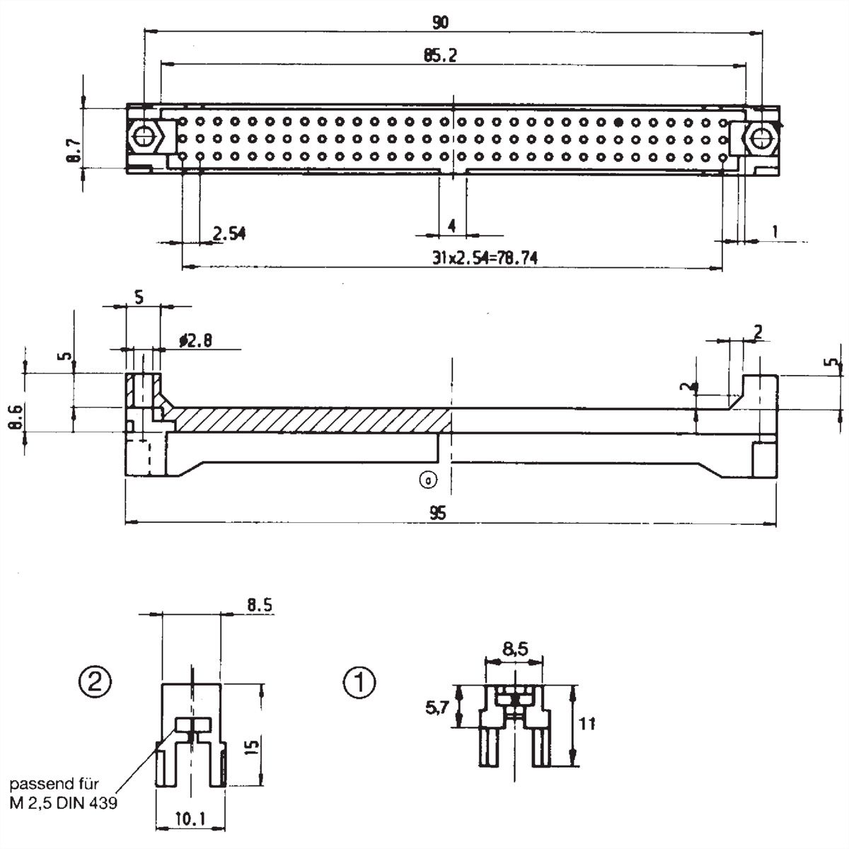 Boîtier de connexion SCHROFF pour type C et R, épaisseur du flanc 3,2 mm, poteaux 13 mm