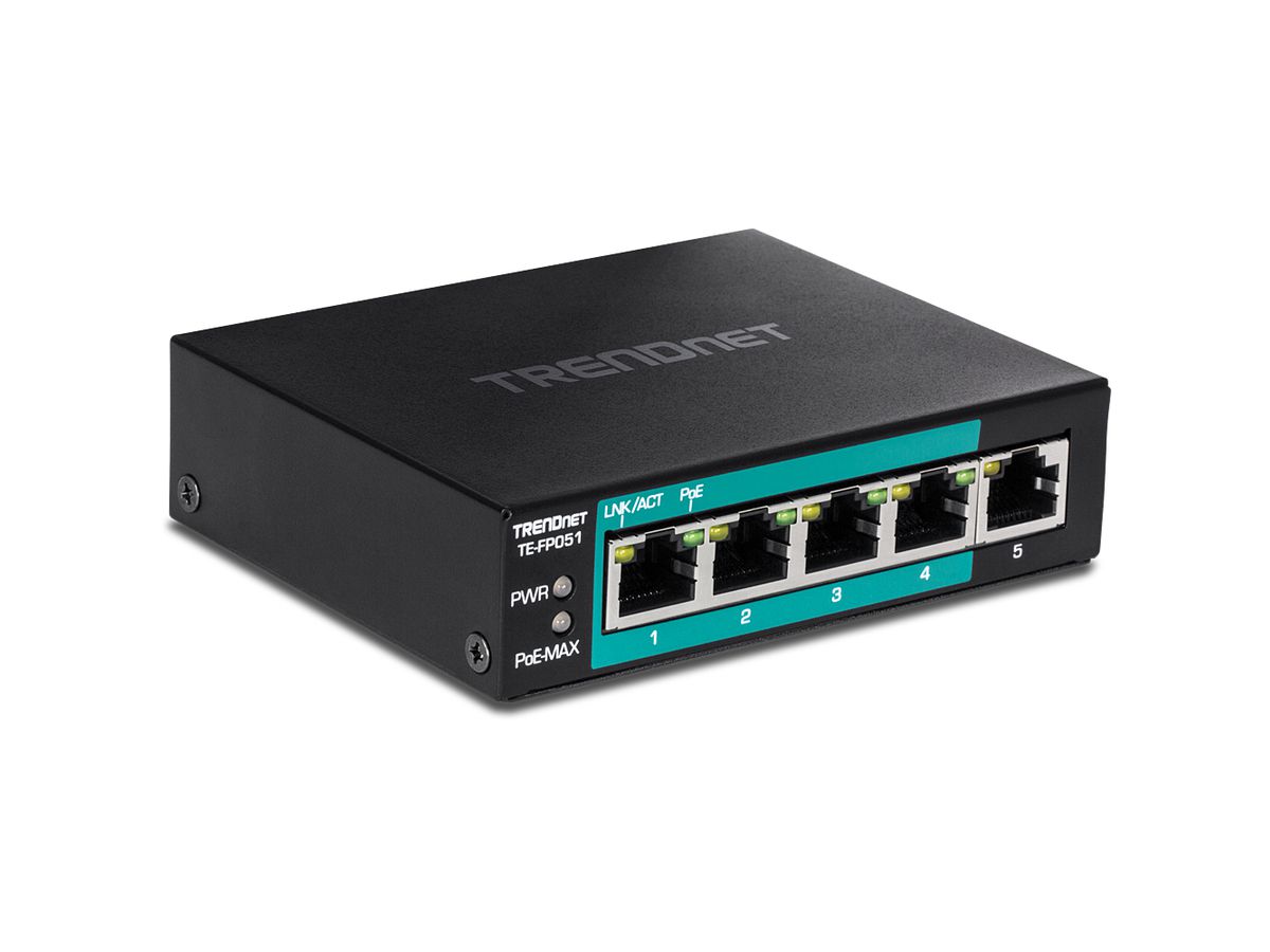Trendnet TE-FP051 commutateur réseau Non-géré Fast Ethernet (10/100) Connexion Ethernet, supportant l'alimentation via ce port (PoE) Noir