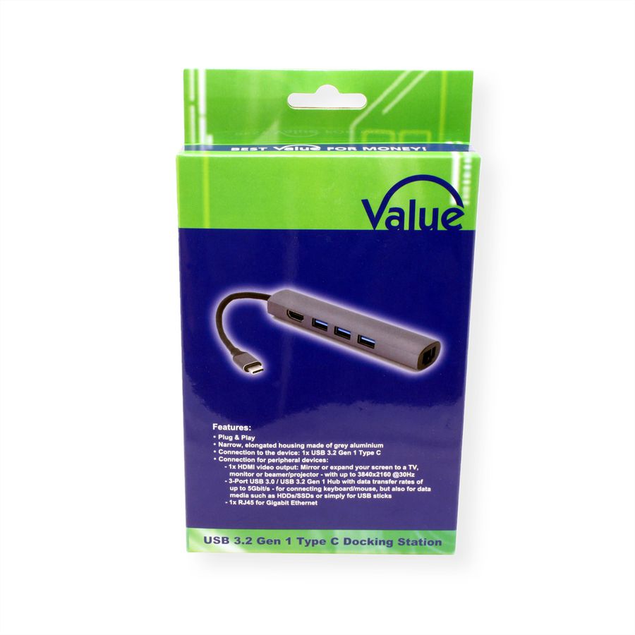VALUE Station d'accueil USB-C, 4K HDMI, 3x USB type A, Gigabit Ethernet, gris