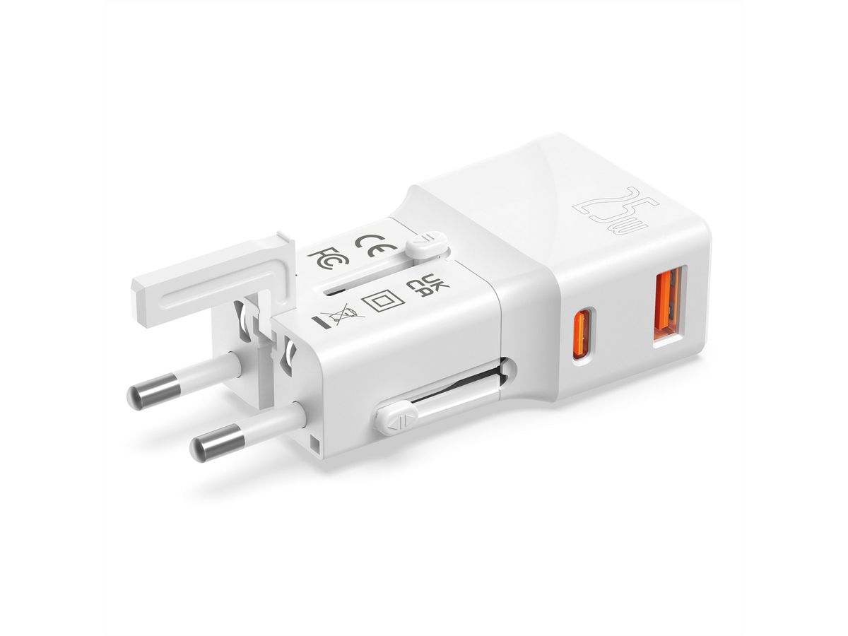 ROLINE Chargeur de voyage USB avec prise UK/US/Euro, 2 ports, 1x QC3.0 A + 1x C (PD), 25W