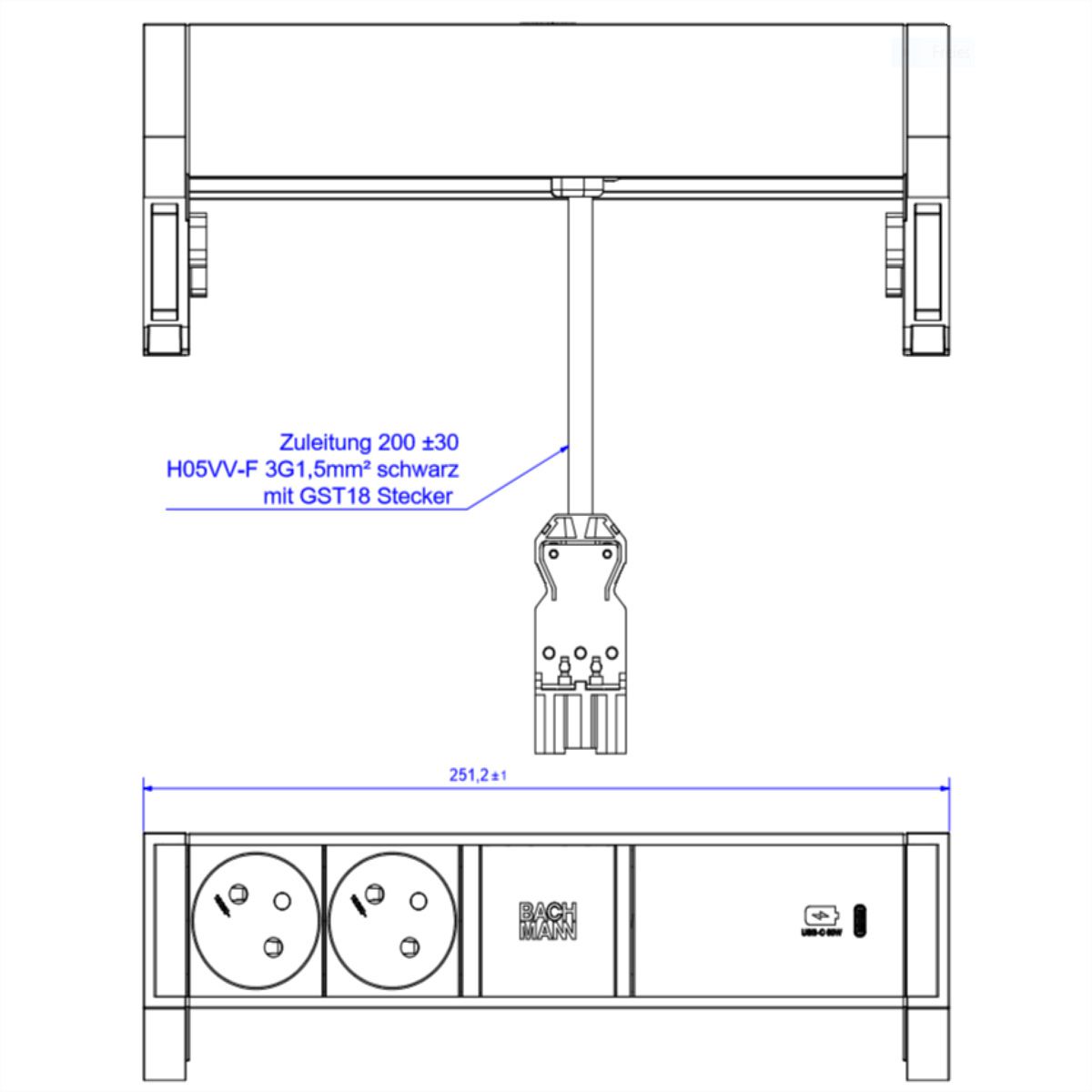 BACHMANN DESK2 ALU BLACK 2xUTE 1xUSBC 60W 0,2m GST18