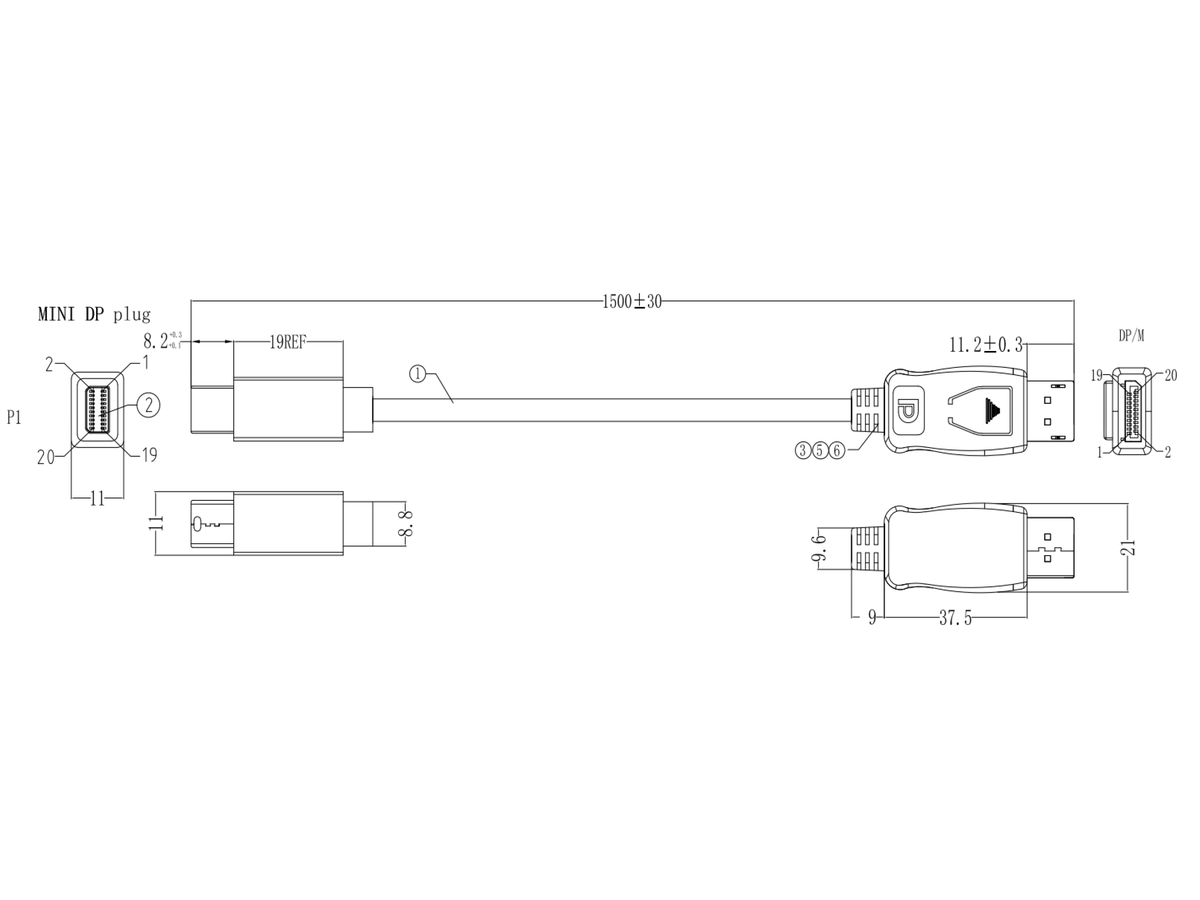 BACHMANN Mini DisplayPort vers HDMI 1,5m S.1 Mini DP S.2 HDMI, Mesure p.Ph.3mH05VV-F 5G2,5 CEE3x16A Lan