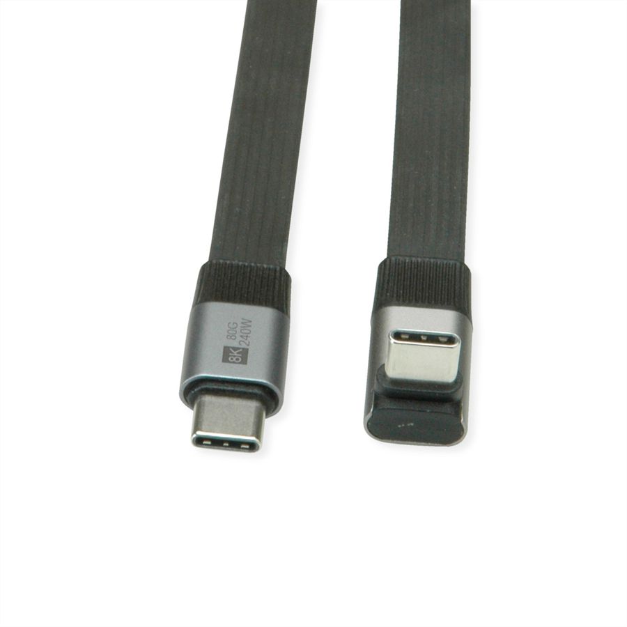 ROLINE Câble USB4 2.0 plat, C–C, M/M, 8K UHD-2, 80Gbit/s, 240W, un côté coudé à 270°, noir, 0,8 m