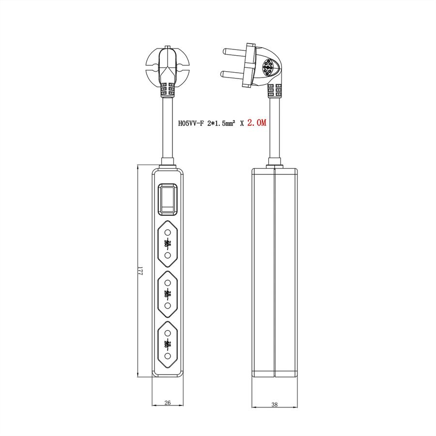 VALUE Multiprise 3 ports type Euro, avec interrupteur et fiches profilées, blanc, 2 m