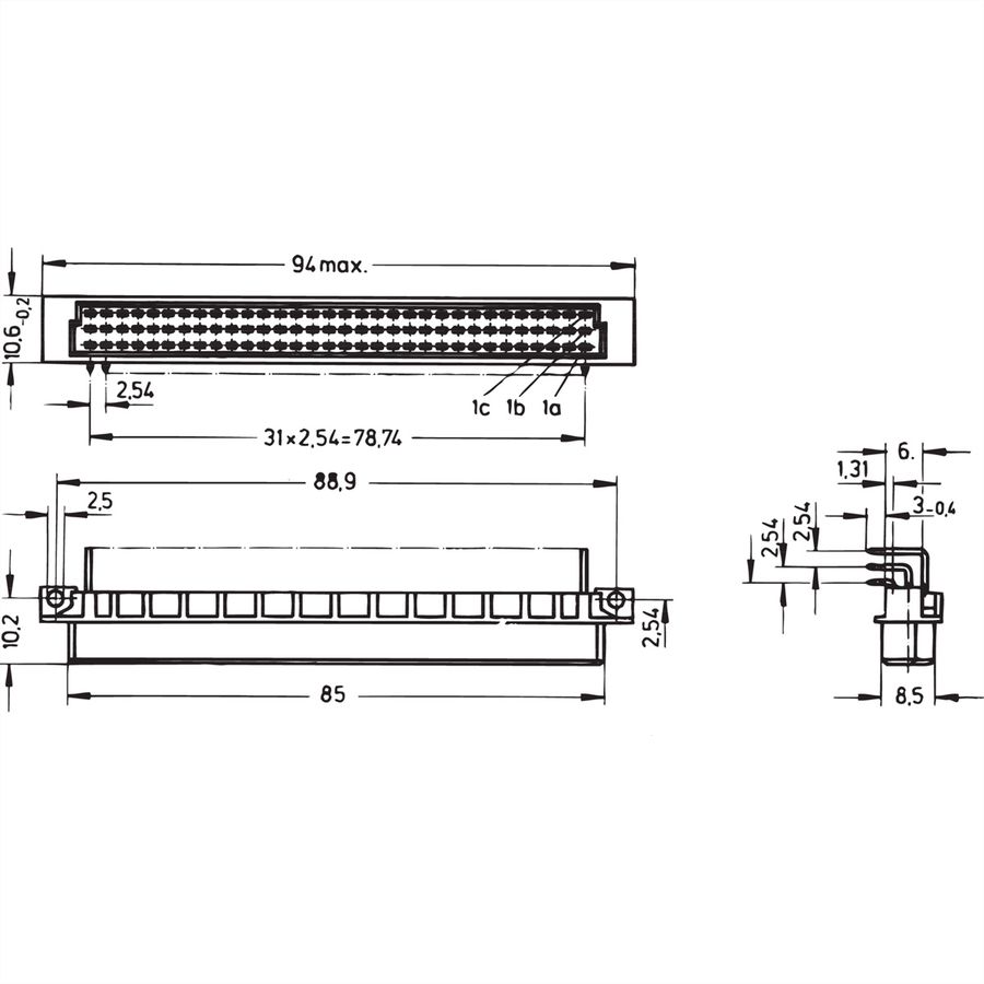 Connecteur SCHROFF type R, EN 60603, DIN 41612, femelle, 96 contacts, broches à souder, 3 mm