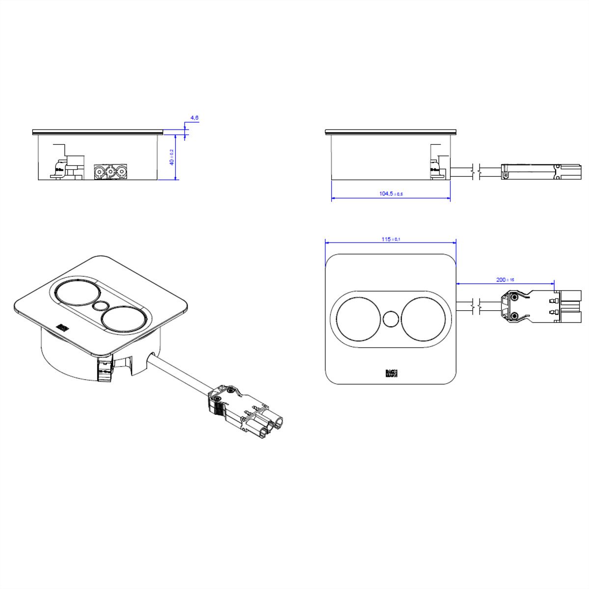 BACHMANN TWIST 2 1xUTE 1xUSB A/C 22W 0,2m GST18 argent carré, Mess.p.Ph. 5G4 CEE3x16A Lan Commutation p.D.