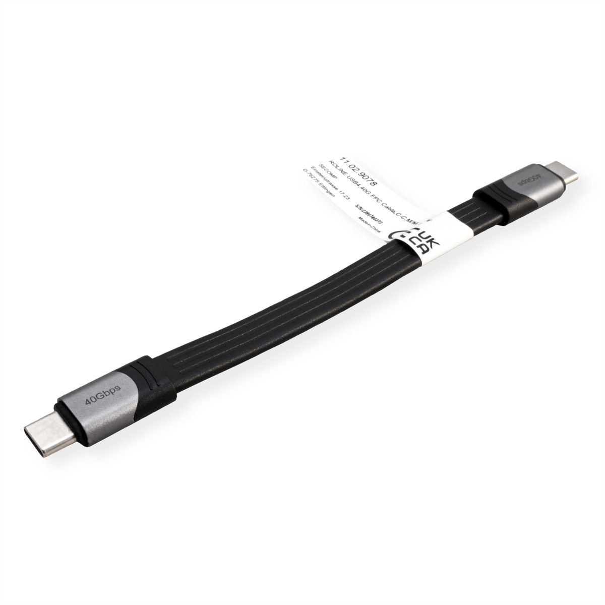 ROLINE Câble USB4 Gen3x2, C-C, M/M, 8K UHD-2, 40Gbit/s, 100W, plat, noir, 15 cm