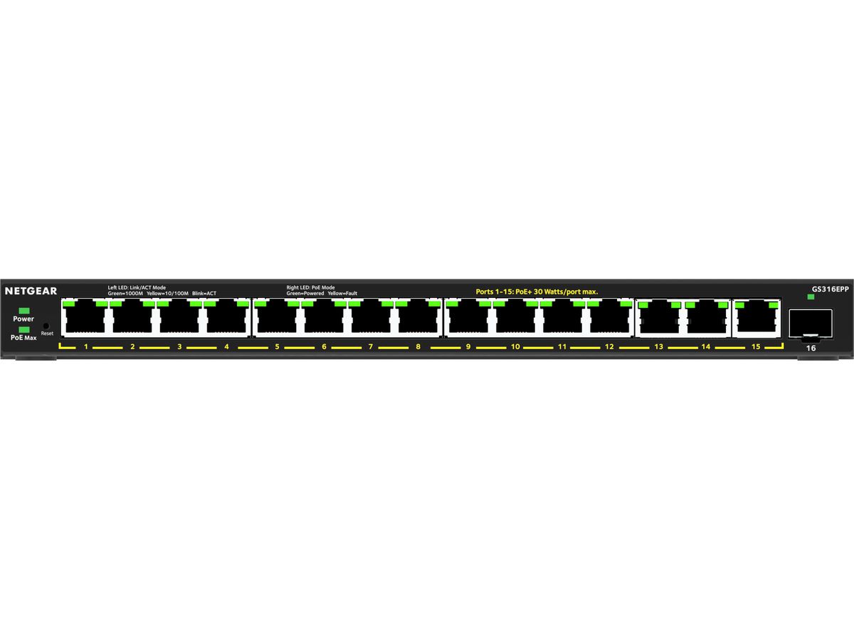 NETGEAR 16-Port High-Power PoE+ Gigabit Ethernet Plus Switch (231W) with 1 SFP port (GS316EPP) Géré Gigabit Ethernet (10/100/1000) Connexion Ethernet, supportant l'alimentation via ce port (PoE) Noir