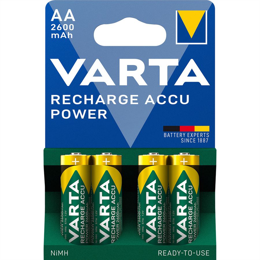 VARTA NiMH Piles Mignon, AA, HR06, pack de 4, 1,2V, 2600mAh, chargées et prêtes à l'emploi