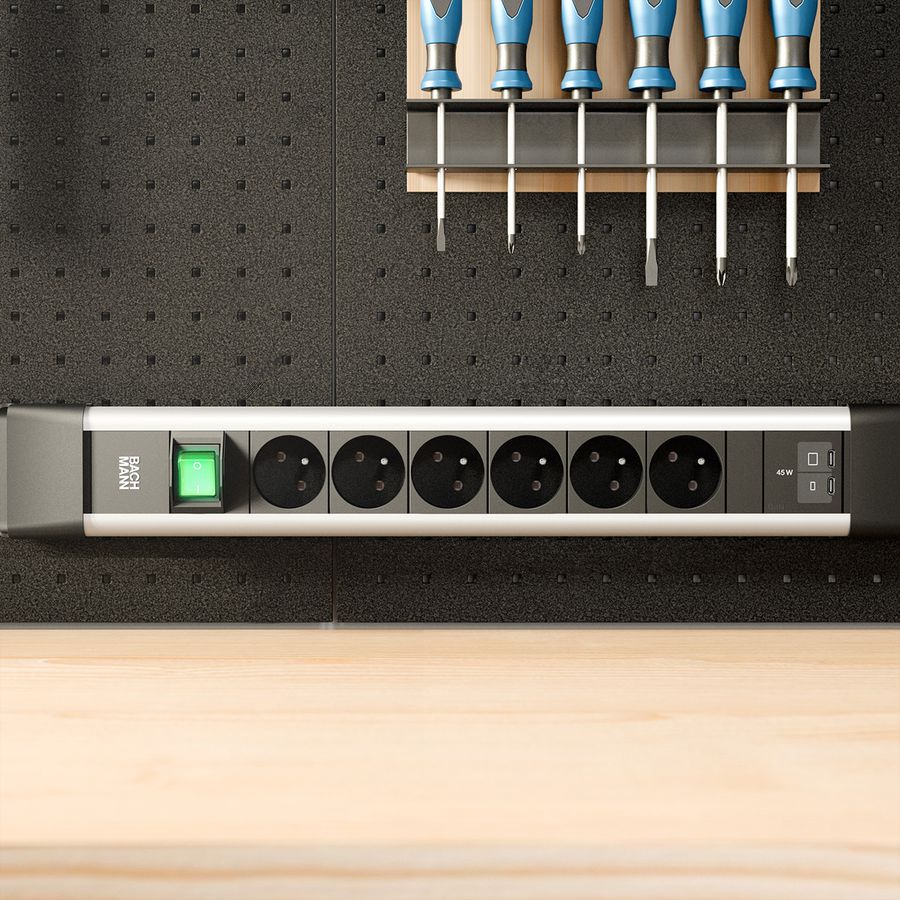 BACHMANN CONNECTUS 6xUTE 1xinterrupteur, 1xUSB C/C 45W L=2,0m CEE7/7 gris