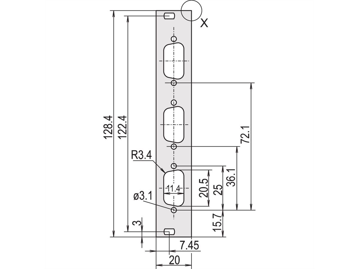 SCHROFF Face avant, plate, Refrofit Shielding, D-Sub Cutout, 3 U, 4 HP, 3 x 9 broches, 2,5 mm, alu, anodisé avant, conducteur arrière