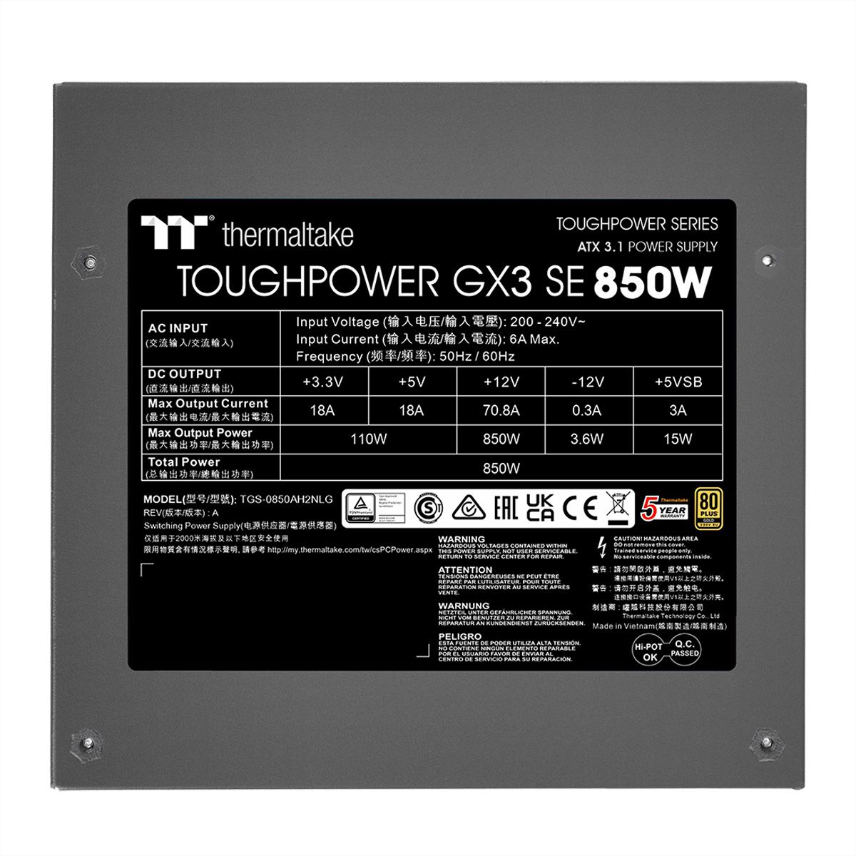 Thermaltake Toughpower GX3 SE 850W, Bloc d'alimentation