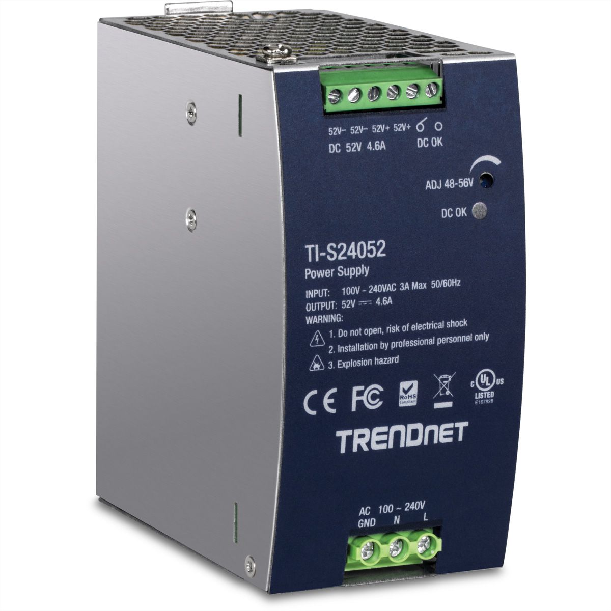 TRENDnet TI-S24052 Alimentation électrique rail DIN 240W, 52V DC, 4,61A AC vers DC avec fonction PFC