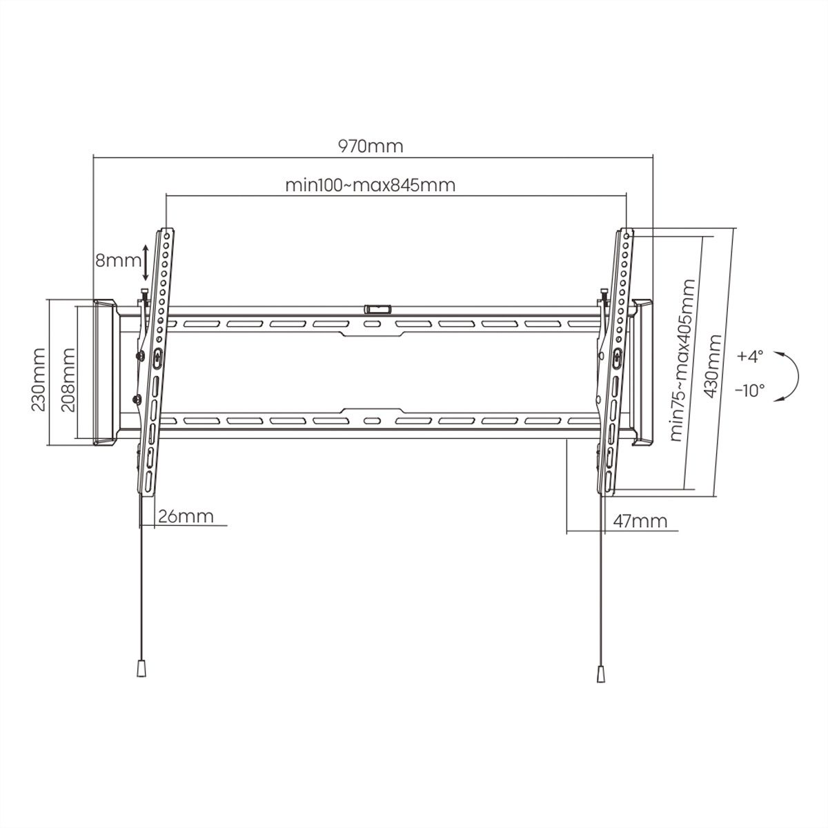 VALUE Support mural TV, distance murale de 47 mm, inclinable, <228,6cm/90", <75kg
