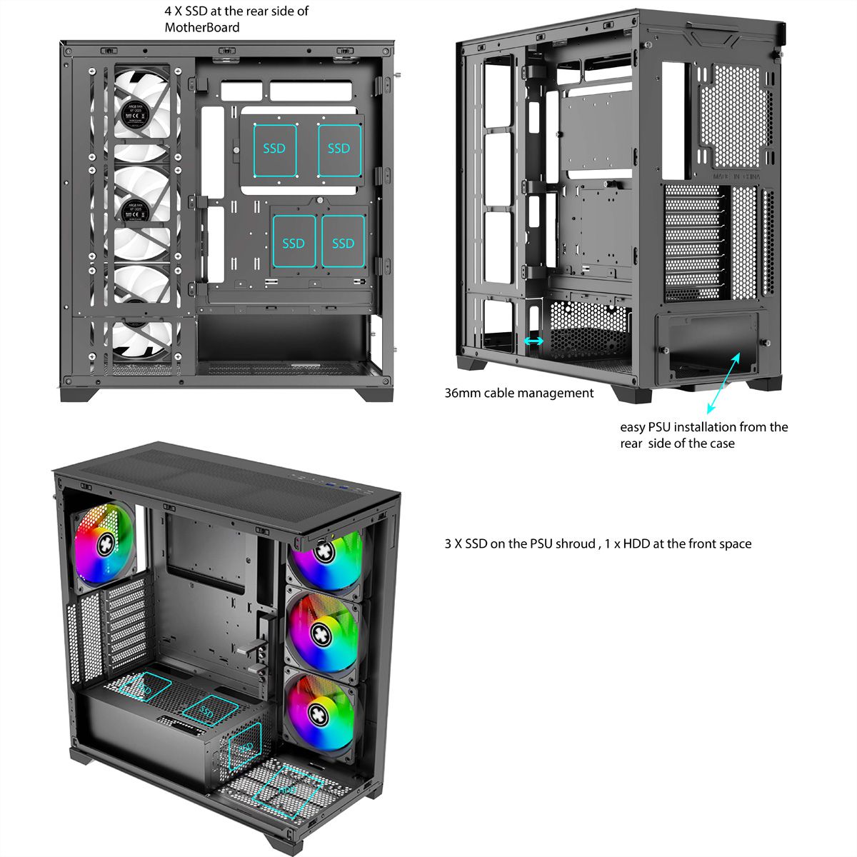 XILENCE Xilent Gleam X818.ARGB Gaming ATX PC noir, Tour RGB ATX Midi
