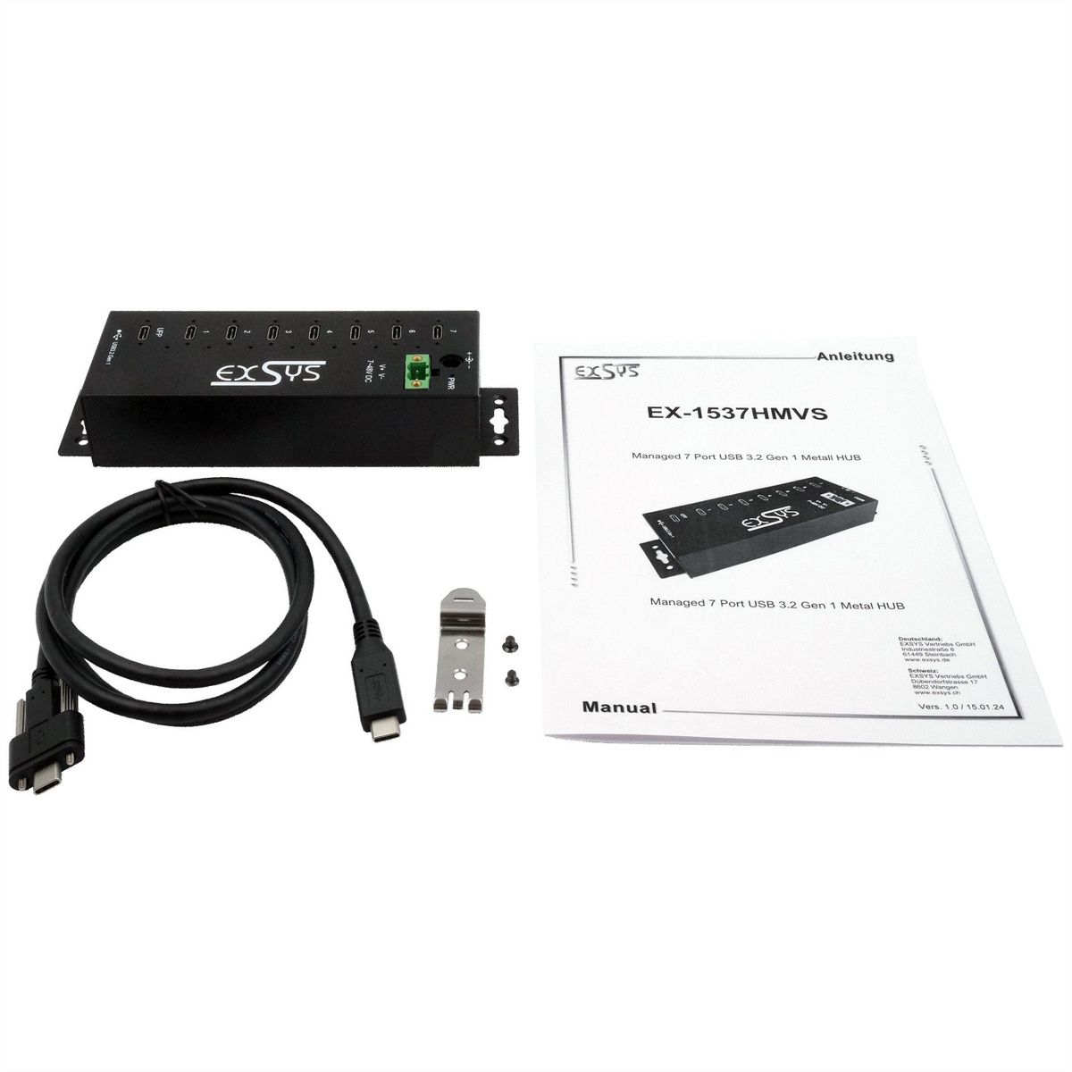 EXSYS EX-1537HMVS Hub USB-C 3.2 Gen 1 métallique à 7 ports, avec protection contre les surtensions EDS 15 kV