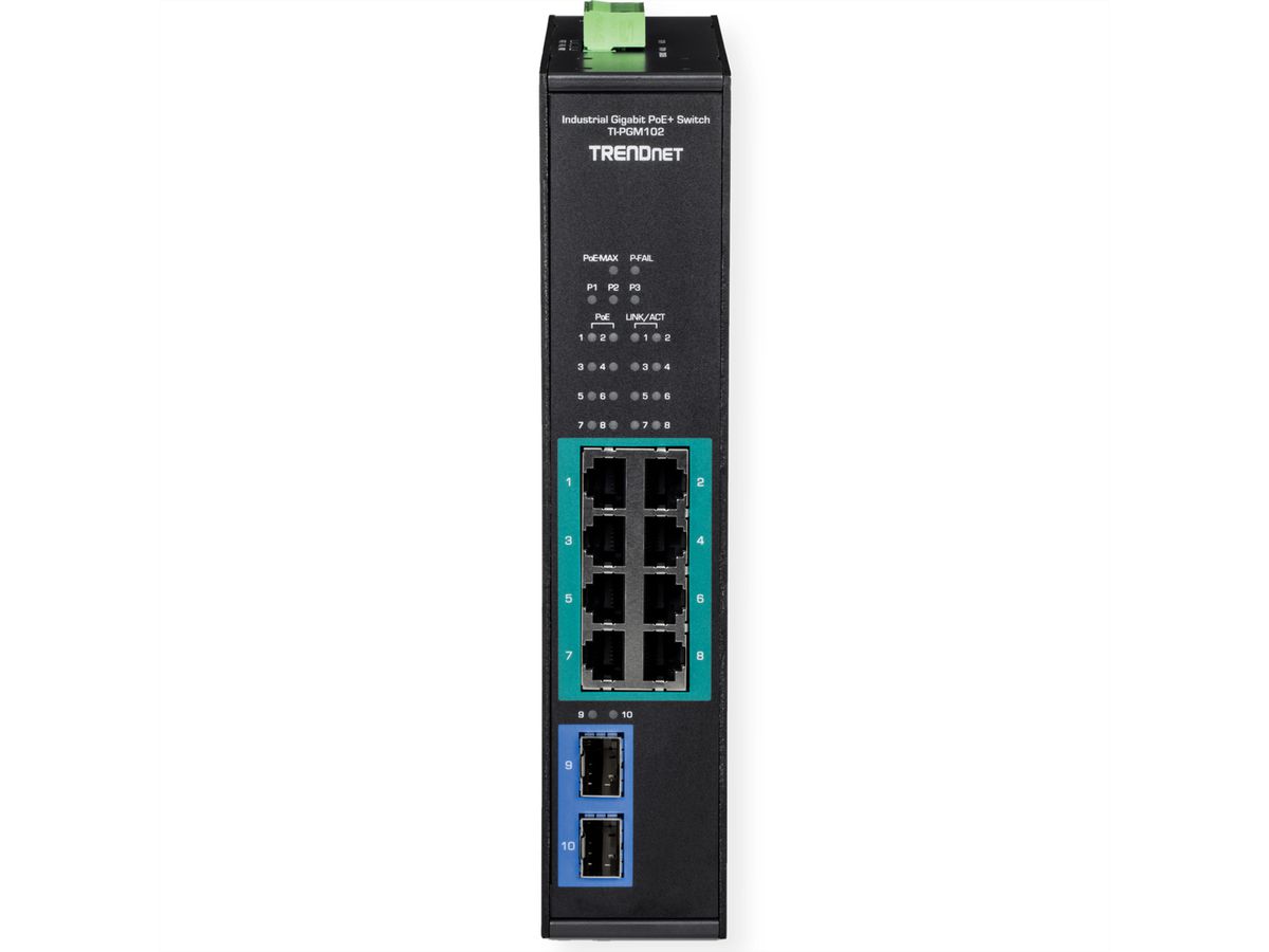 TRENDnet TI-PGM102 Switch Rail DIN industriel PoE+ Gigabit à 10 ports, -20° – 65°C
