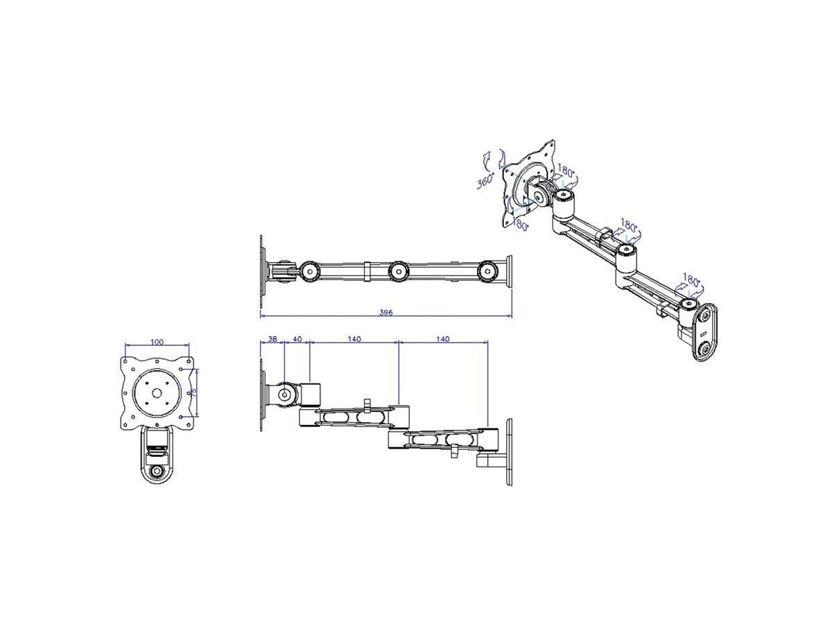 ROLINE Bras LCD pivotant, 5 pivots, montage mural, noir