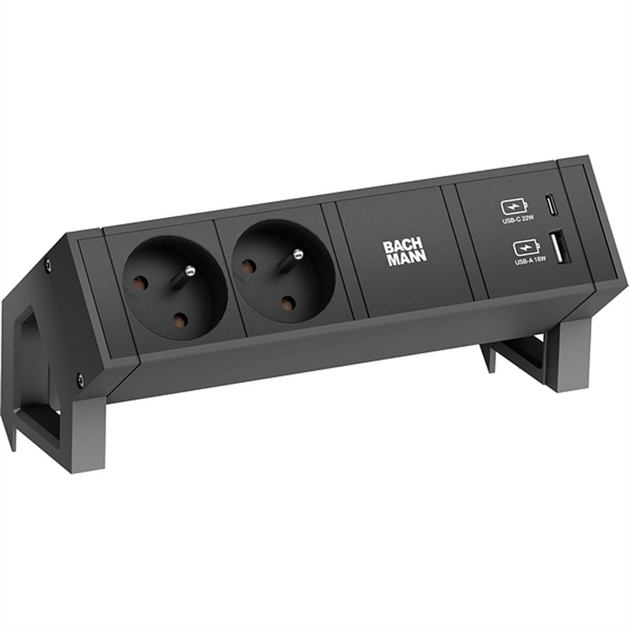 BACHMANN DESK 2 Bloc multiprise 2x UTE, 1x USB A&C 22W, noir, 0,2 m