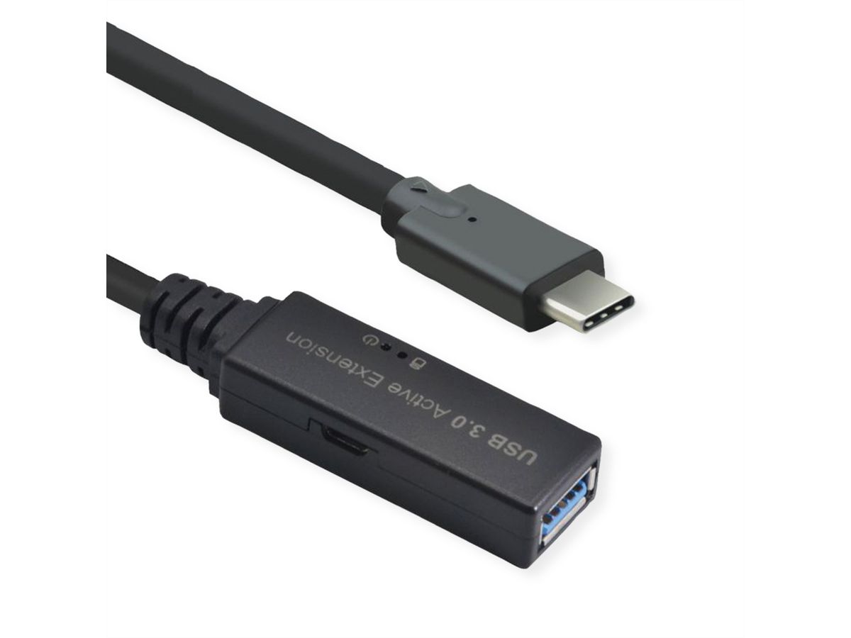 ROLINE Câble prolongateur USB 3.2 Gen 1 actif, Type A - C, noir, 10 m