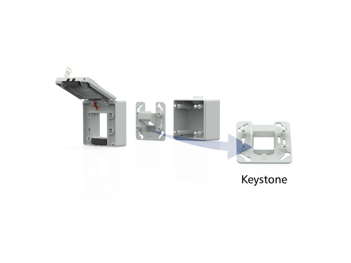 METZ CONNECT Boîtier apparent pour module IP44 , Couvercle rabattable + serrure, 2 ports non équipés , gris