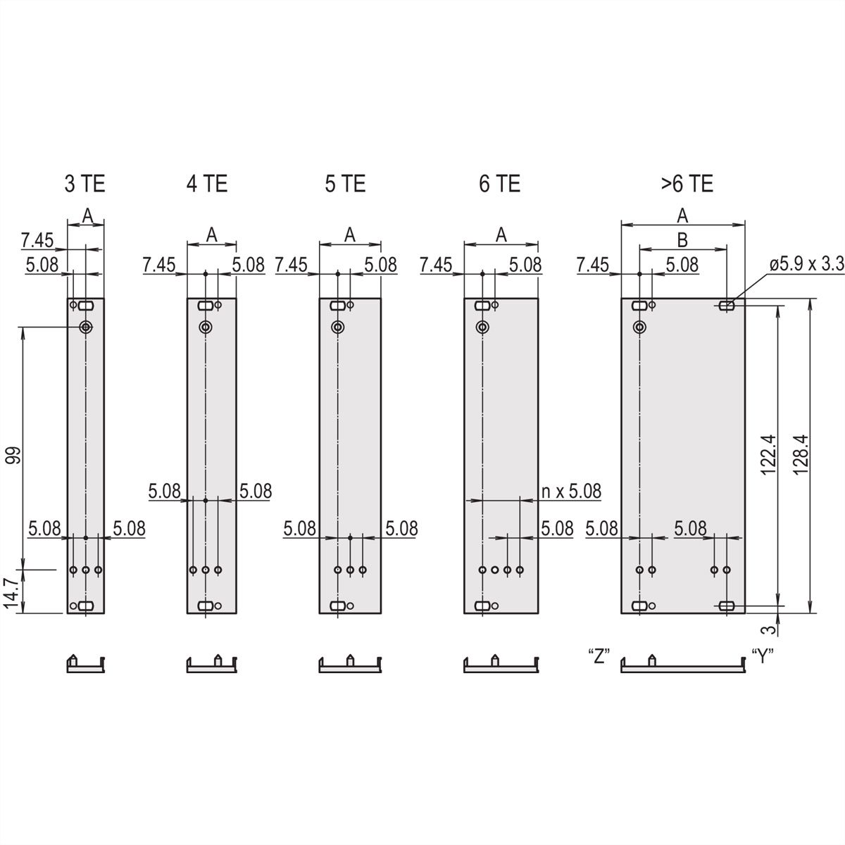 SCHROFF Plug-In Unit U-Profile Face avant pour poignée trapézoïdale statique, 3 U, 8 CV, 2,5 mm, alu, anodisé avant, conducteur arrière