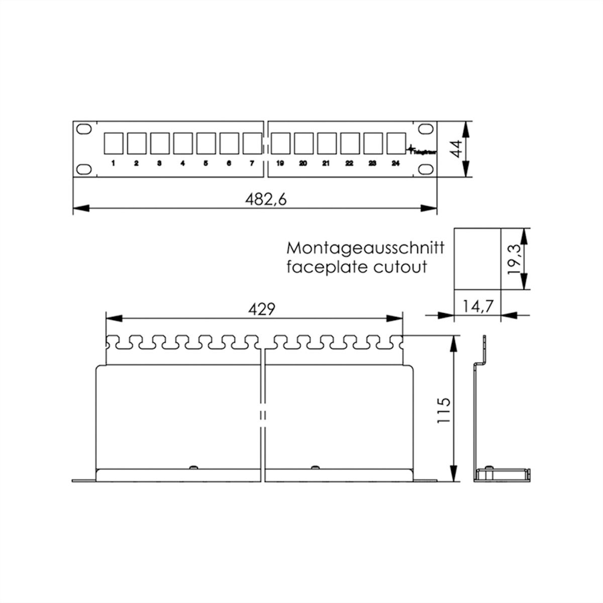 Porte modules 19" de 1U équipé de 24 modules AMJ-SL Cat.6A (Classe EA) (ISO/IEC), gris