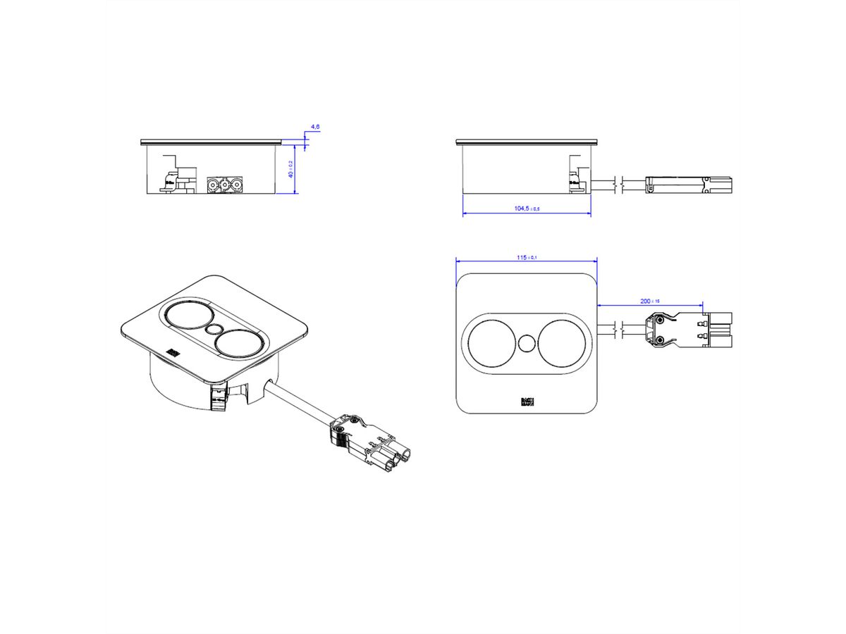 BACHMANN TWIST 2 1xUTE 1xUSB A/C 22W 0,2m GST18 argent carré, Mess.p.Ph. 5G4 CEE3x16A Lan Commutation p.D.