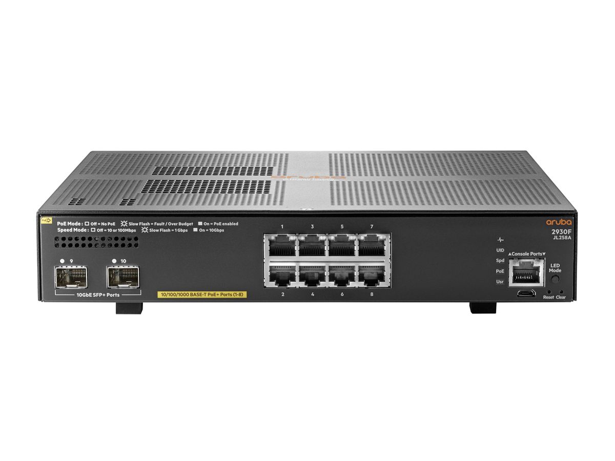 Hewlett Packard Enterprise Aruba 2930F 8G PoE+ 2SFP+ Commutateur de réseau géré L3 Gigabit Ethernet (10/100/1000) Connexion Ethernet, supportant l'alimentation via ce port (PoE) 1U Gris