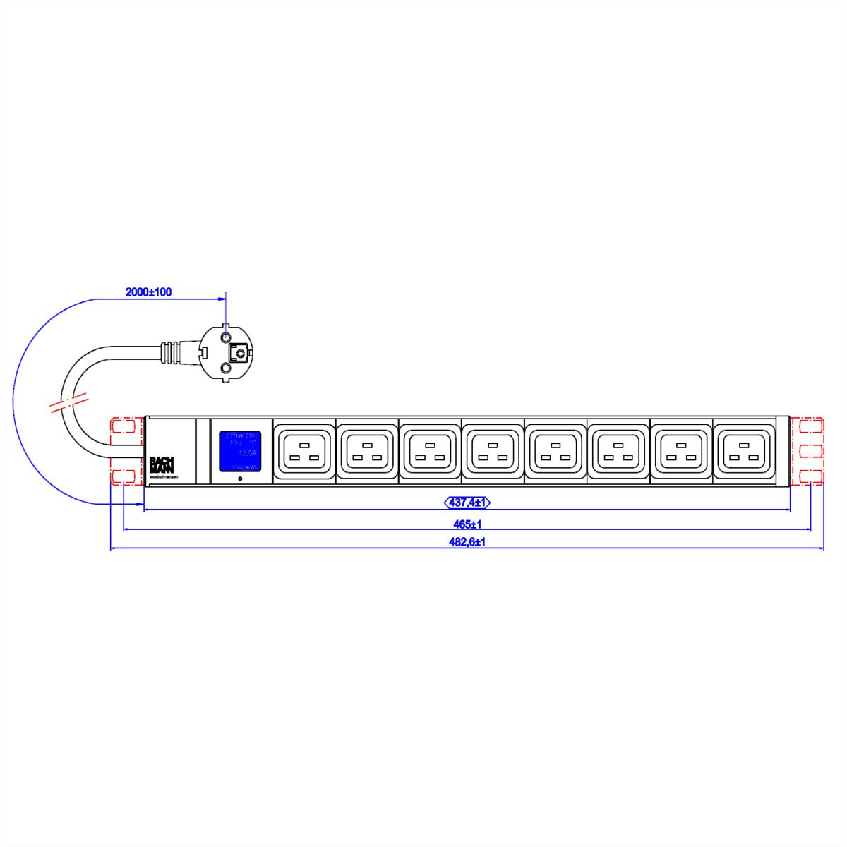 BACHMANN BN0500 19" 1U 8xC19, 2,0m CEE7/7
