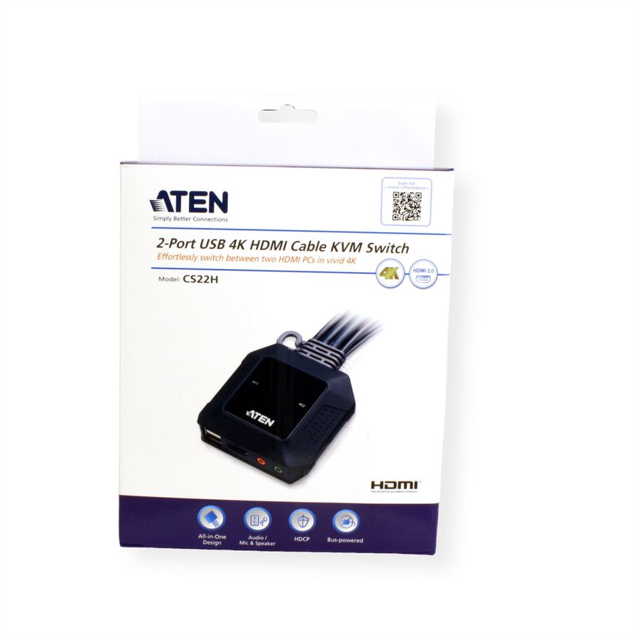 ATEN CS22H Commutateur KVM câble HDMI 4K USB 2 ports avec sélecteur de port distant