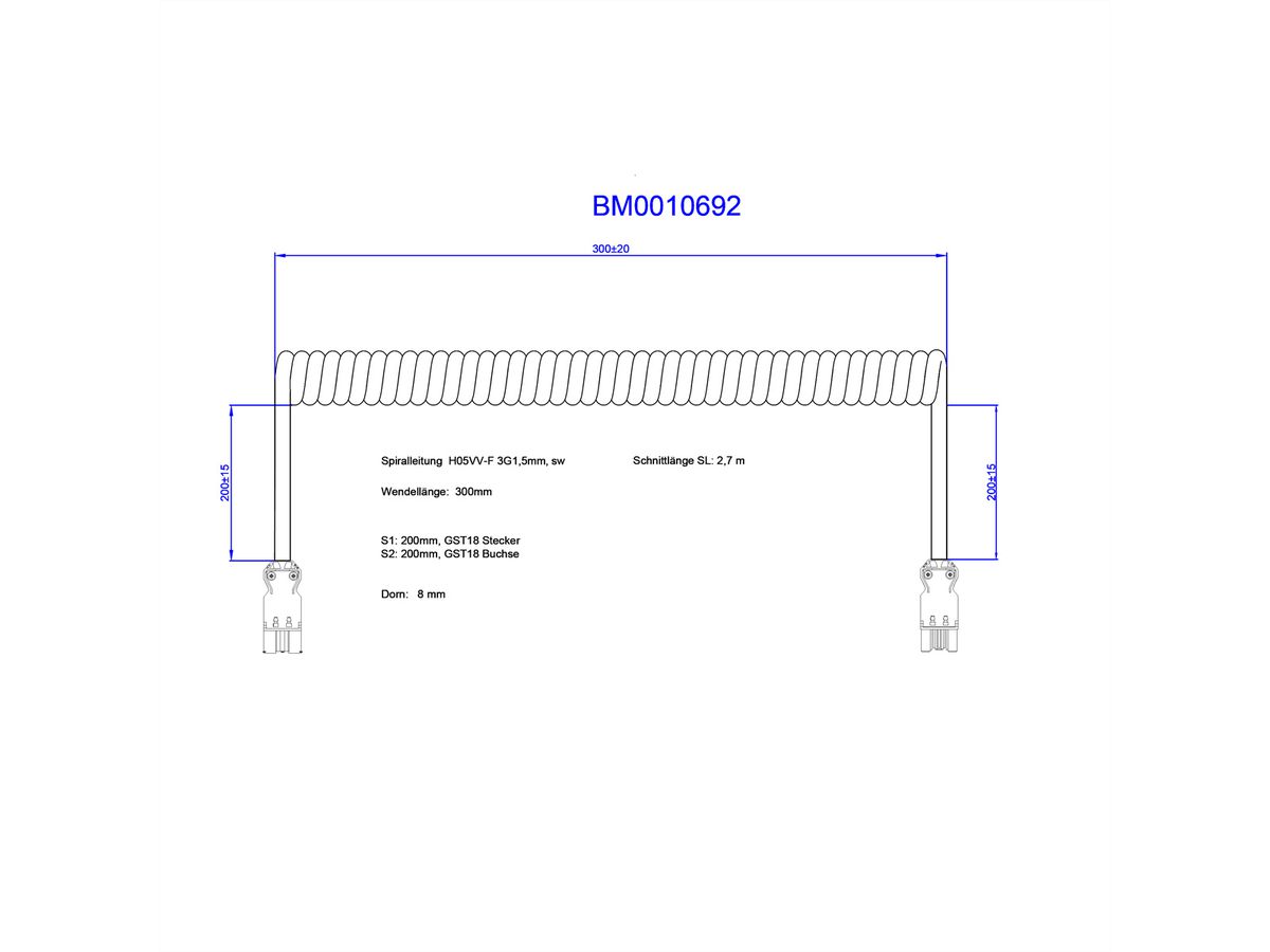 BACHMANN Câble spiralé H05VV-F 3 x 1,5 mm² L : 0,3 m noir ISV
