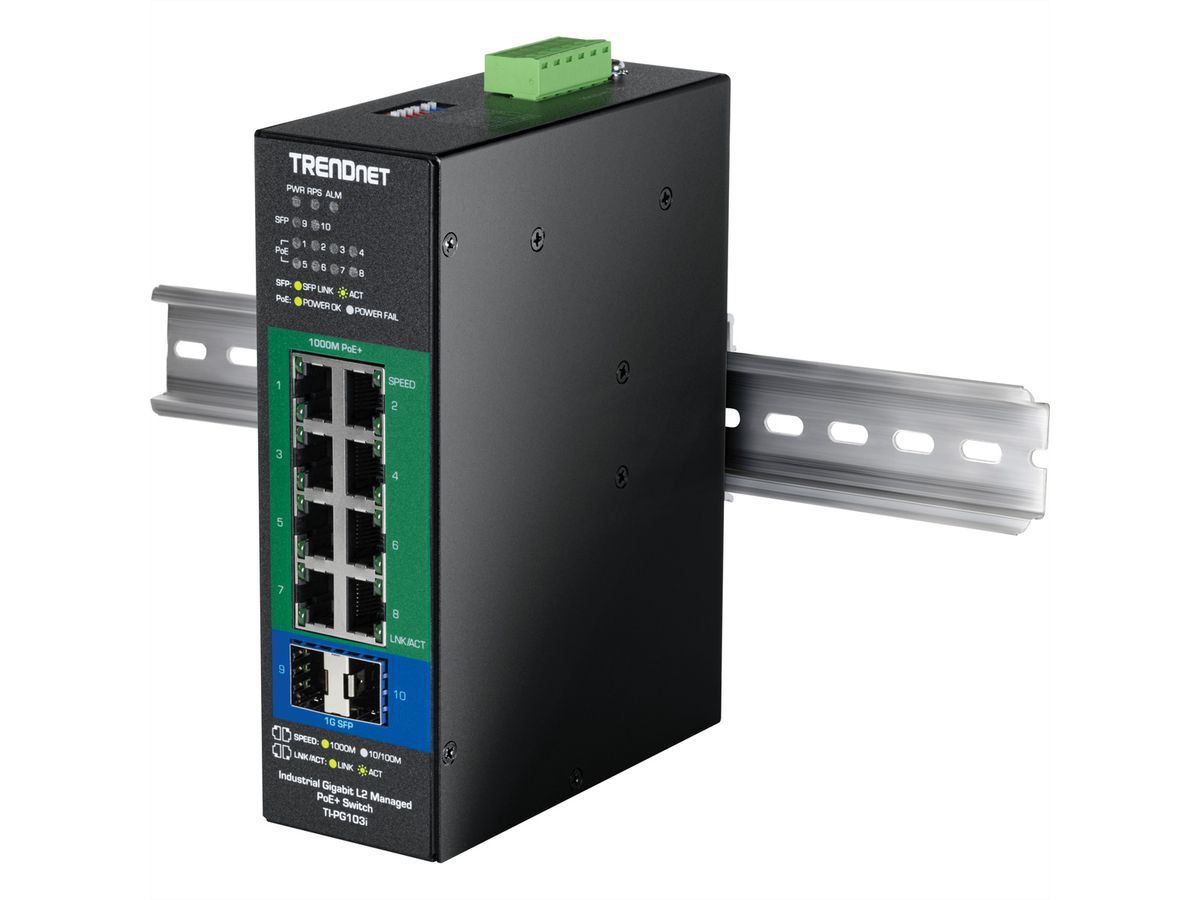 TRENDnet TI-PG103i Switch industriel Rail DIN administrable PoE+ Gigabit L2 à 10 ports, 24-57V