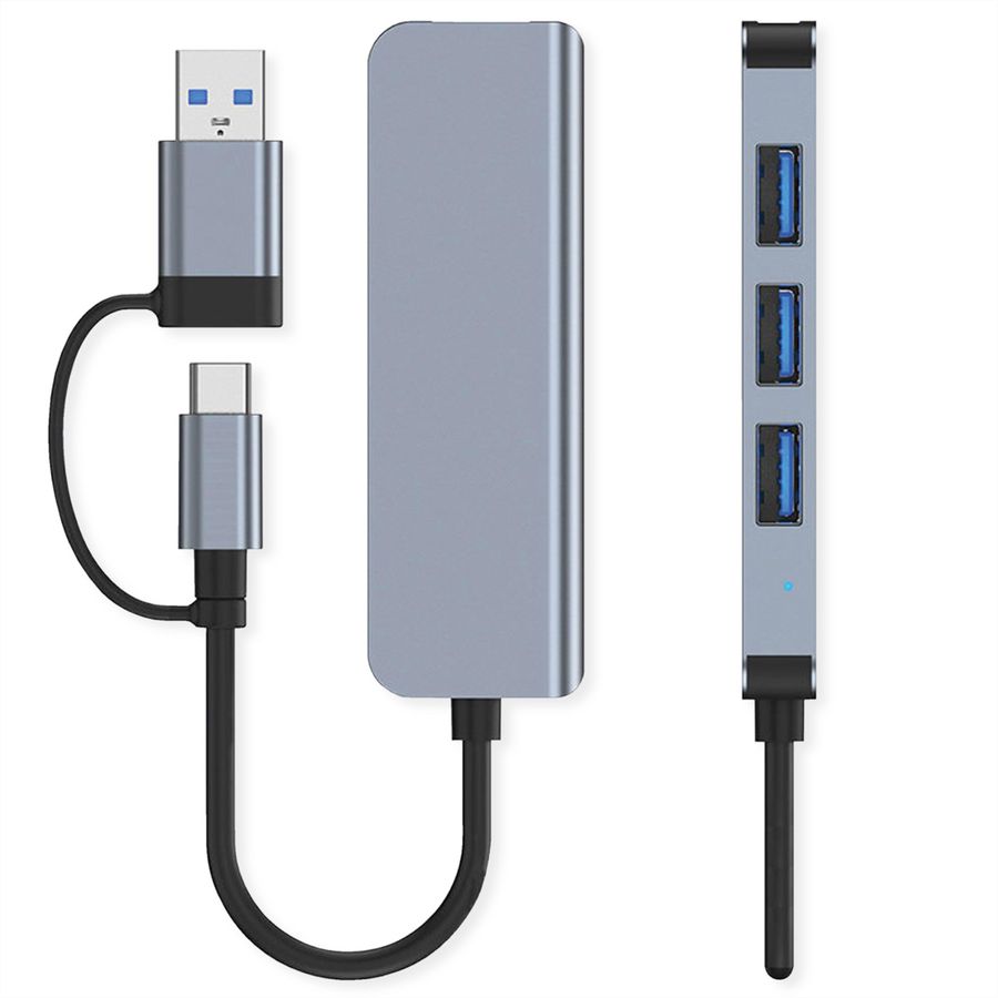 VALUE Hub métallique 4 ports type A, (1x USB 3.2Gen1 + 3x USB 2.0), câble de raccordement type A+C