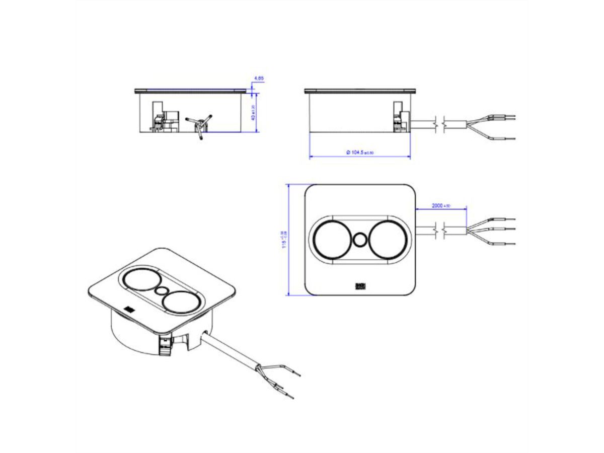 BACHMANN TWIST 2 1xUTE 1xUSB A/C 22W 2,0m AEH aspect inox carré, Mesure p.Sd.3m H05VV-F 3G4 CEE16A LAN