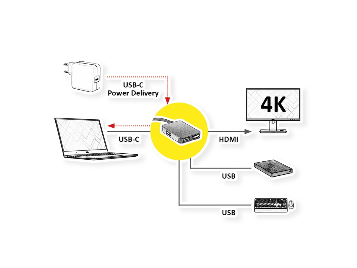 ROLINE GOLD Station d'accueil USB type C, 4K HDMI, 2 ports USB 3.2 Gen 1, 1x USB type C PD (Power Delivery)