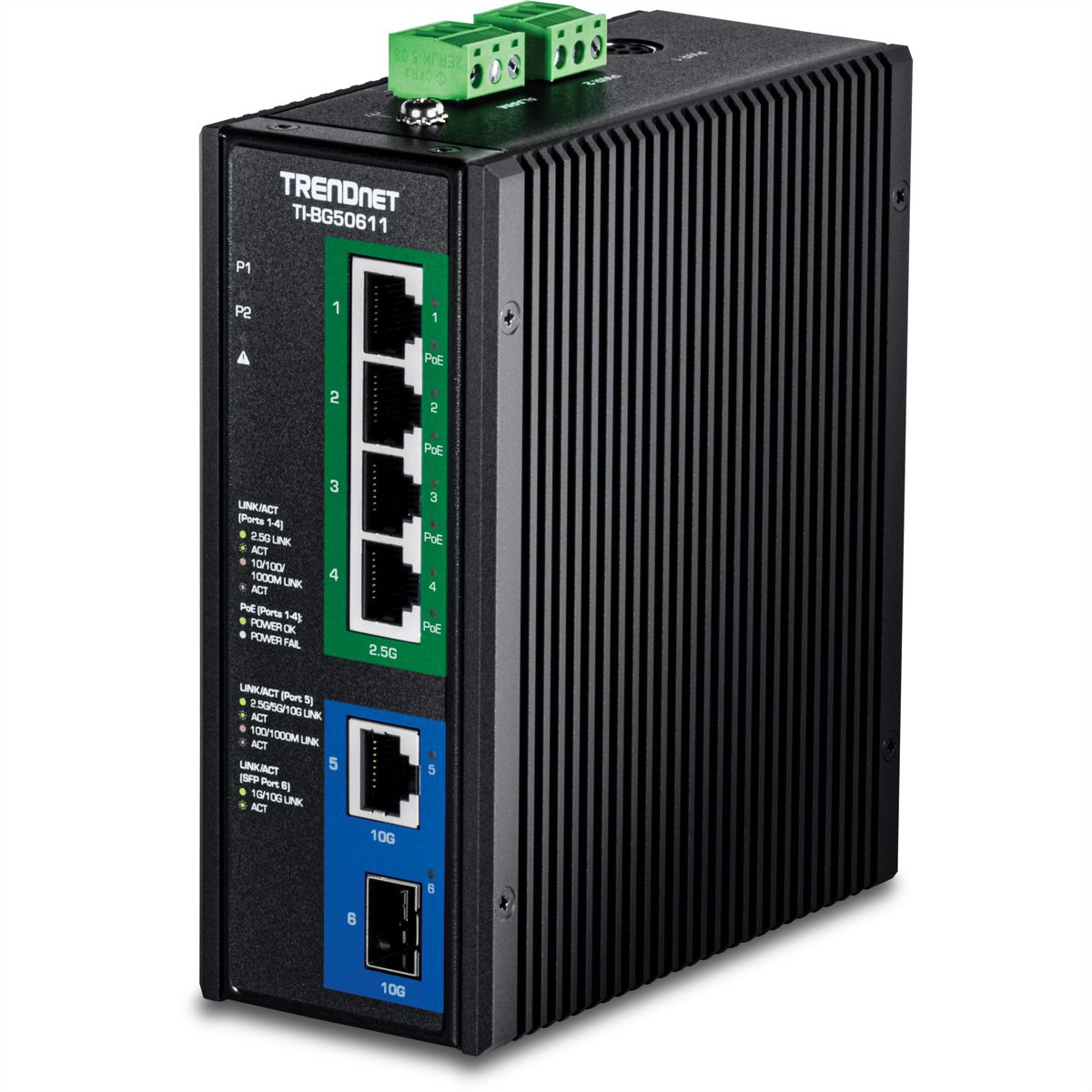 TRENDnet TI-BG50611 Switch Rail DIN PoE++ industriel 2,5G à 6 ports avec ports 10G