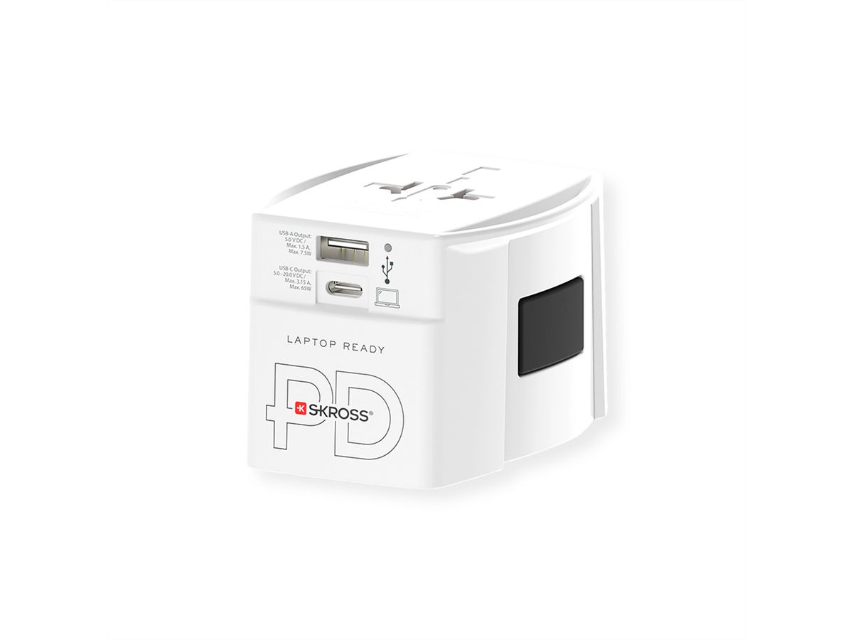 SKROSS Adaptateur de voyage MUV USB A/C 65PD avec câble USB-C, monde