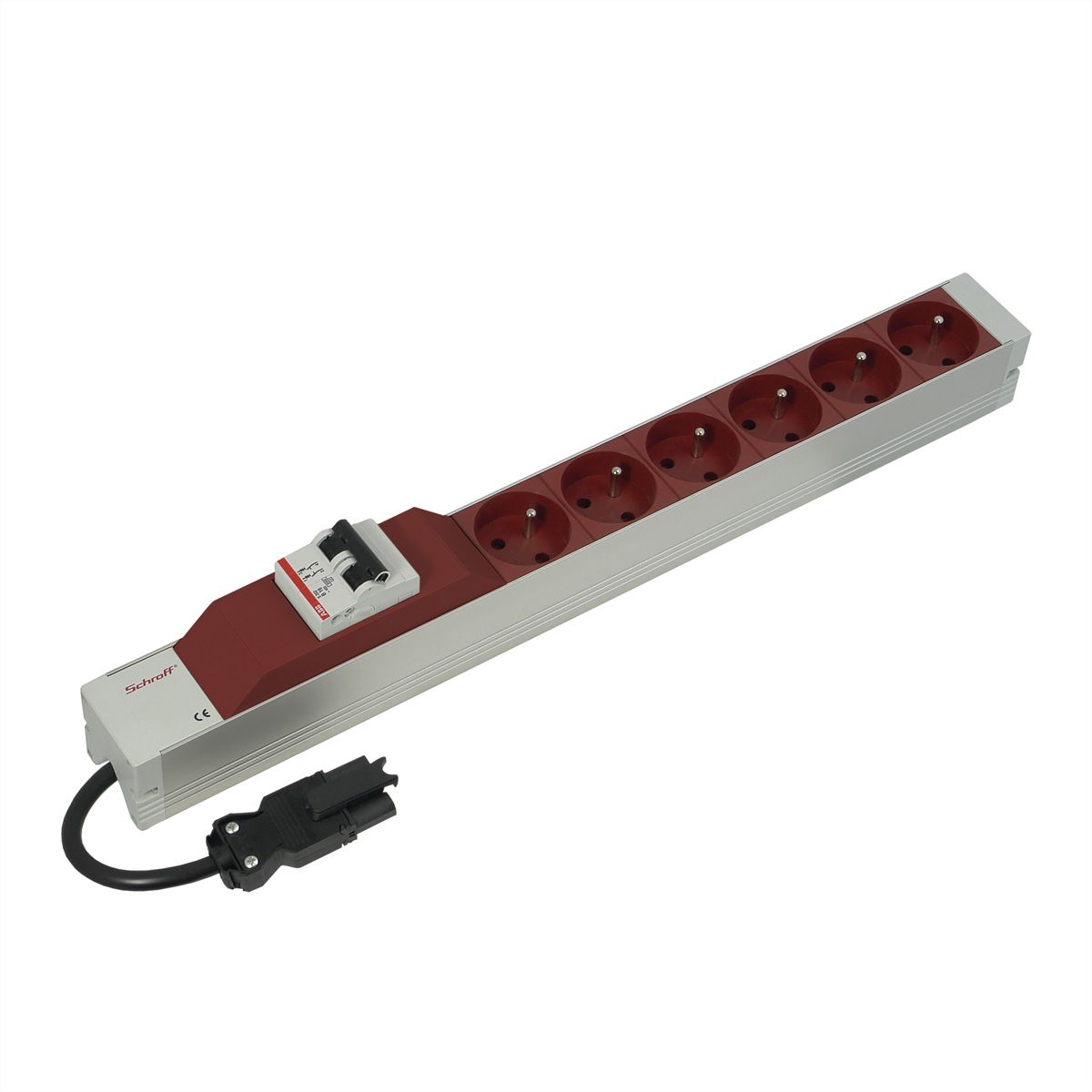 Bâti de prises SCHROFF, UTE, avec entrée Wieland®, 6 prises, 19", rouge, avec protection contre les surintensités