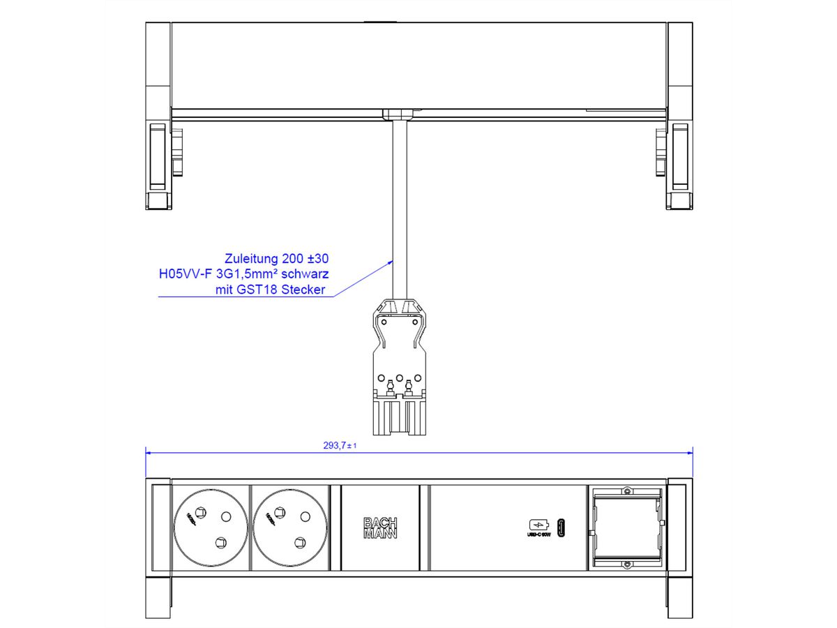 BACHMANN DESK2 2xUTE 1xUSB C 60W 1xCM 0,2m GST18 RAL9010