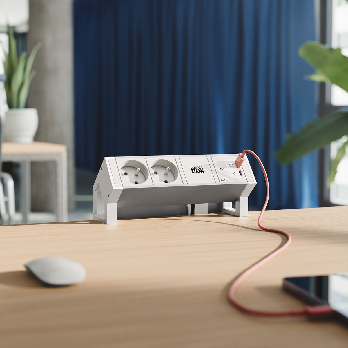 BACHMANN DESK2 ALU WHITE 2xUTE, 1xUSB C/C 45W L=0,2m RAL9010