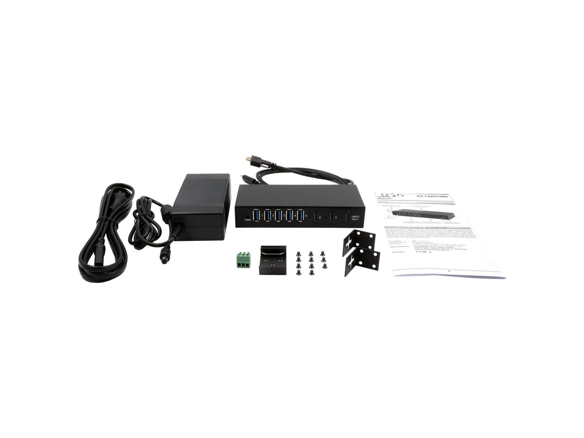 EXSYS EX-12297HMS HUB métallique 7 ports USB 3.2 Gen 2x1, 2x USB-C et 5x USB-A 3.2 Gen 1, pour table, mur et rail DIN