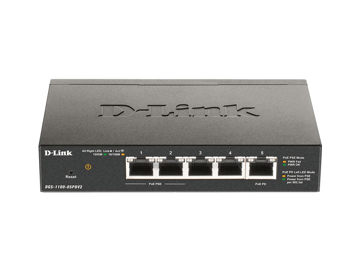 D-Link DGS-1100-05PDV2 commutateur réseau Géré Gigabit Ethernet (10/100/1000) Connexion Ethernet, supportant l'alimentation via ce port (PoE) Noir