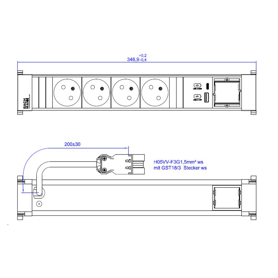 BACHMANN POWER FRAME 4xUTE 1xUSB A/C 22W 0,2m GST18