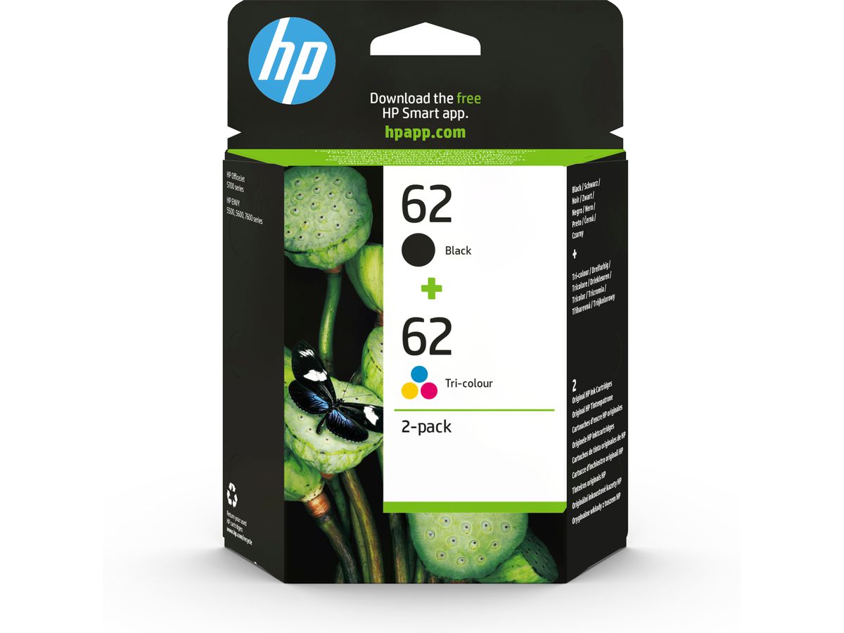 HP 62 pack de 2 cartouches authentiques d'encre noire / trois couleurs
