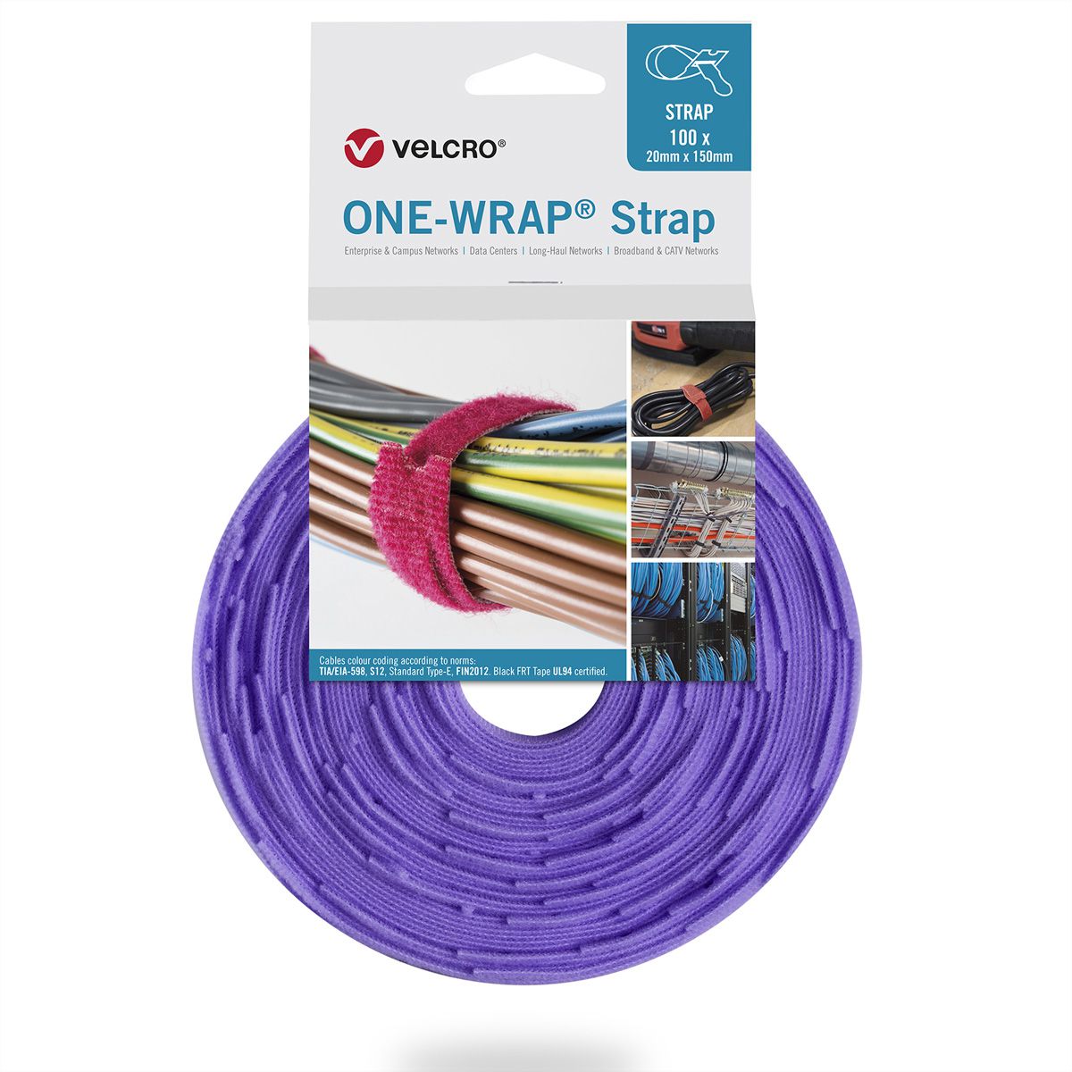 VELCRO® One Wrap® Strap 13mm x 200mm, 100 pièces, violet