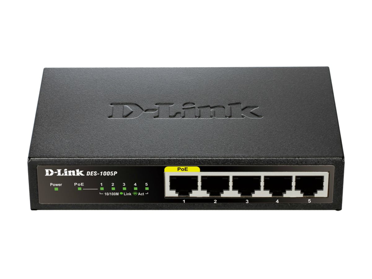 D-Link DES-1005P/E commutateur réseau Non-géré L2 Fast Ethernet (10/100) Connexion Ethernet, supportant l'alimentation via ce port (PoE) Noir
