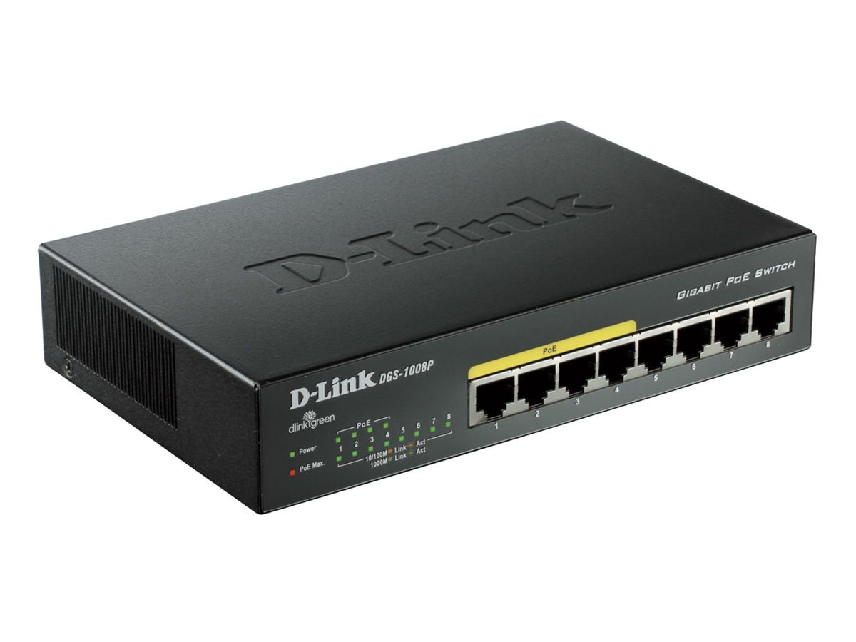 D-Link DGS-1008P commutateur réseau Noir Connexion Ethernet, supportant l'alimentation via ce port (PoE)